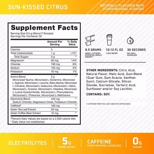 Optimum Nutrition Essential AMIN.O. ENERGY + Electrolytes *new* Sun-kissed Citrus 0.63 lb (30 Servings) | JED-942351