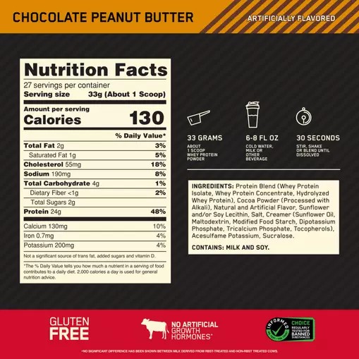 Optimum Nutrition GOLD STANDARD 100% WHEY™ Chocolate Peanut Butter 2 lb (27 Servings) | QPR-470165