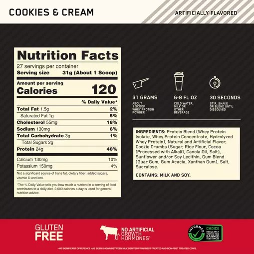 Optimum Nutrition GOLD STANDARD 100% WHEY™ Cookies & Cream 2 lb (27 Servings) | QVL-238469