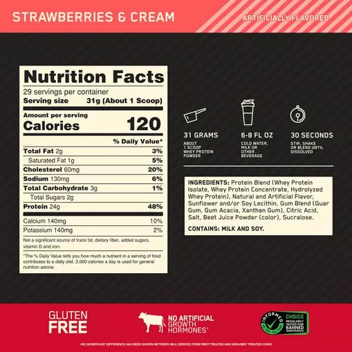 Optimum Nutrition GOLD STANDARD 100% WHEY™ Strawberries & Cream 2 lb (29 Servings) | QUA-048975
