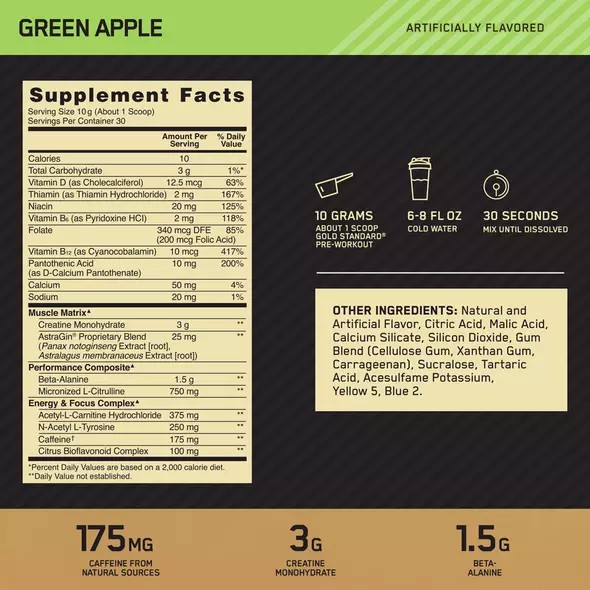 Optimum Nutrition GOLD STANDARD® Pre-Workout Green Apple 0.66 lb (30 Servings) | BVE-167045