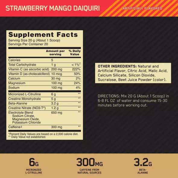 Optimum Nutrition GOLD STANDARD® Pre Advanced Strawberry Mango Daiquiri 0.88 lb (20 Servings) | CRG-754908