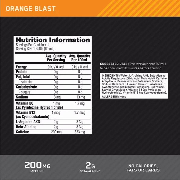 Optimum Nutrition Pure Pre 200 Pre-Workout Shot Orange 60ml (12 shots) | EUF-012536